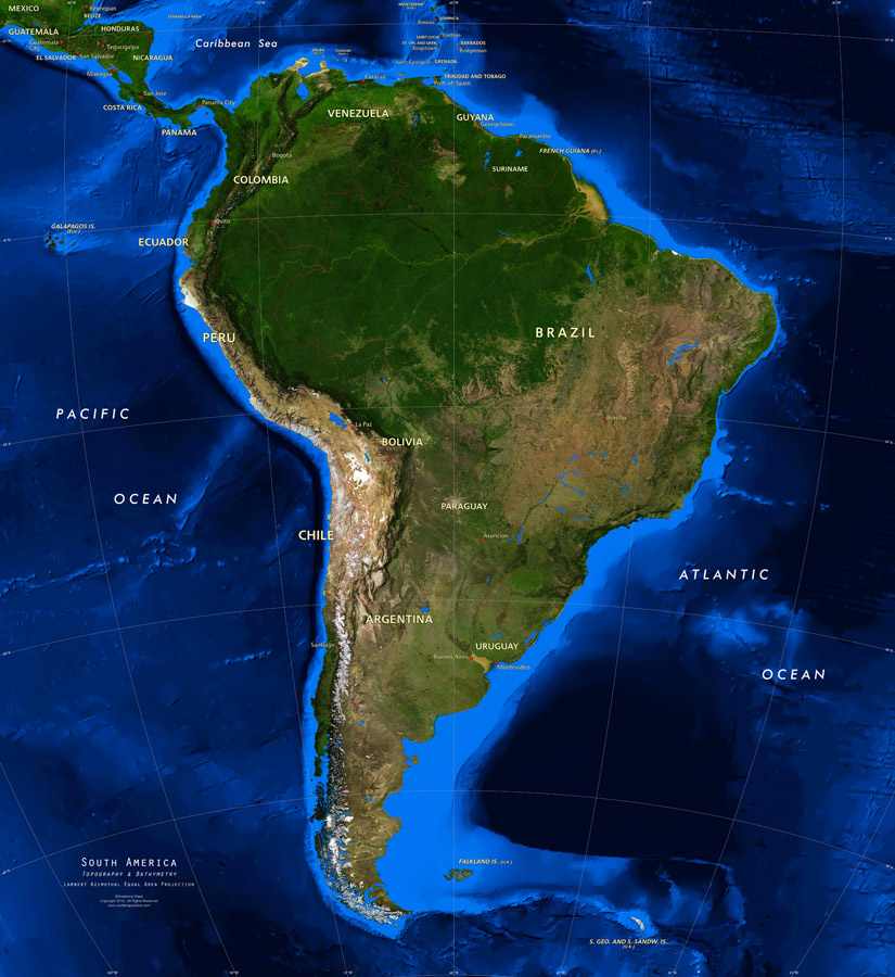 South America Satellite Image Giclee Print Topography And Bathymetry