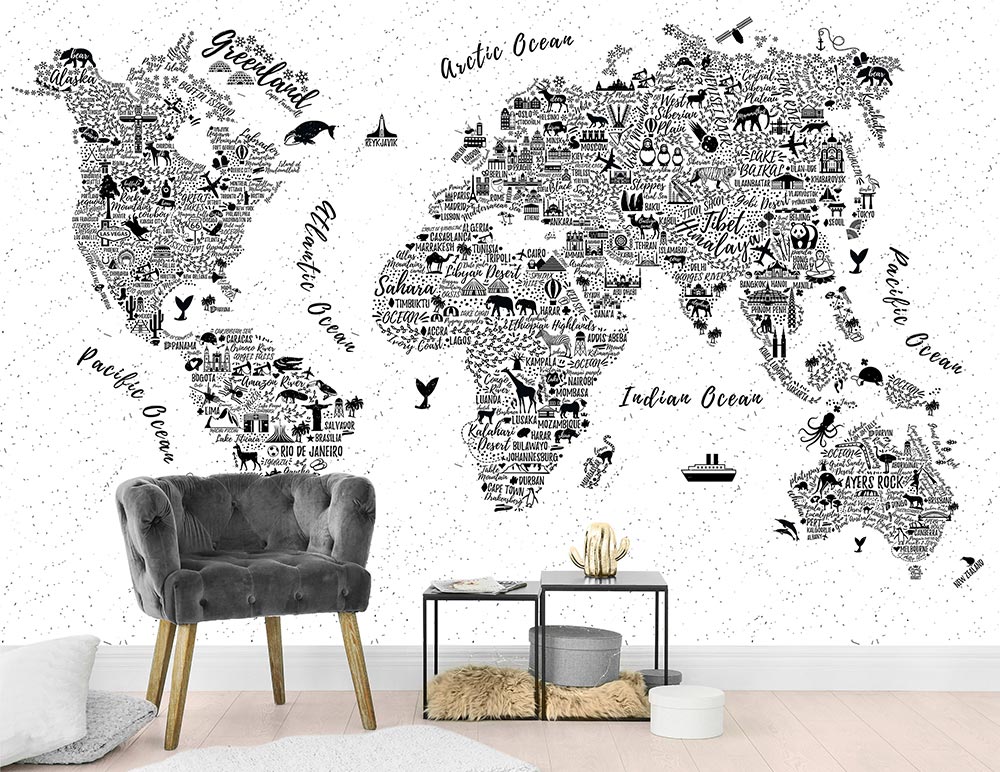 Black and White Illustrated Kids World Map