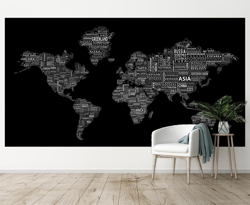 1-World Text Map Mural - White on Black