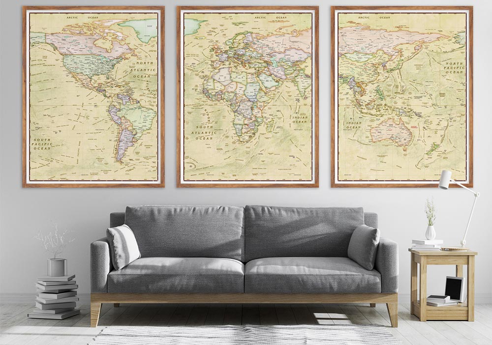 World Political Antique Ocean Triptych Wall Map by Compart Maps