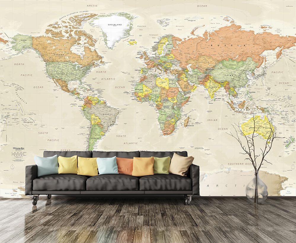 Detailed Antique Oceans World Political Map Mural