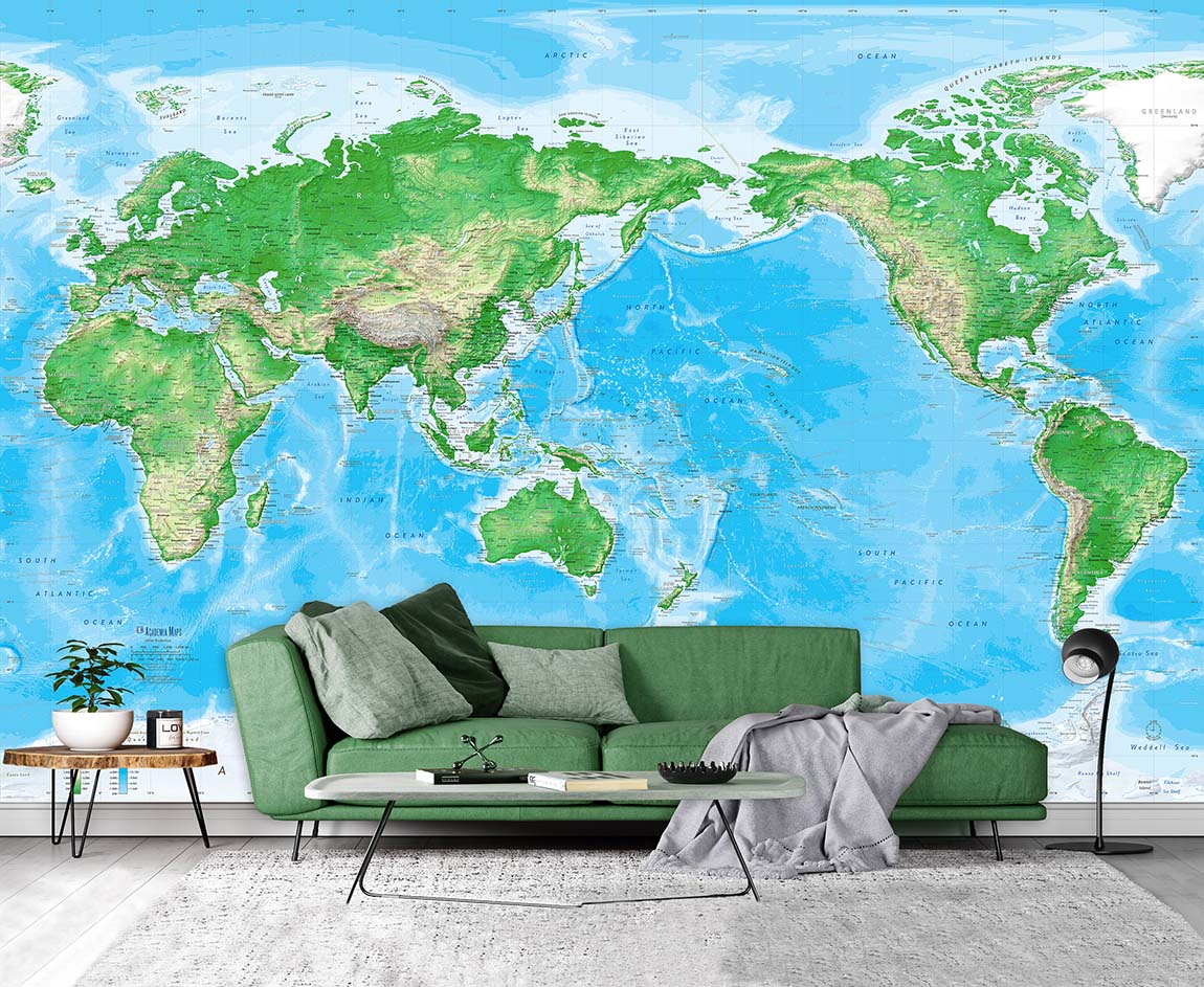 Detailed World Physical Wall Map - Pacific Centered