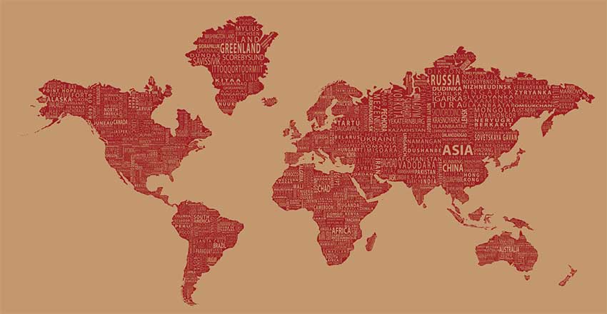 World Text Map Mural - Red Wine