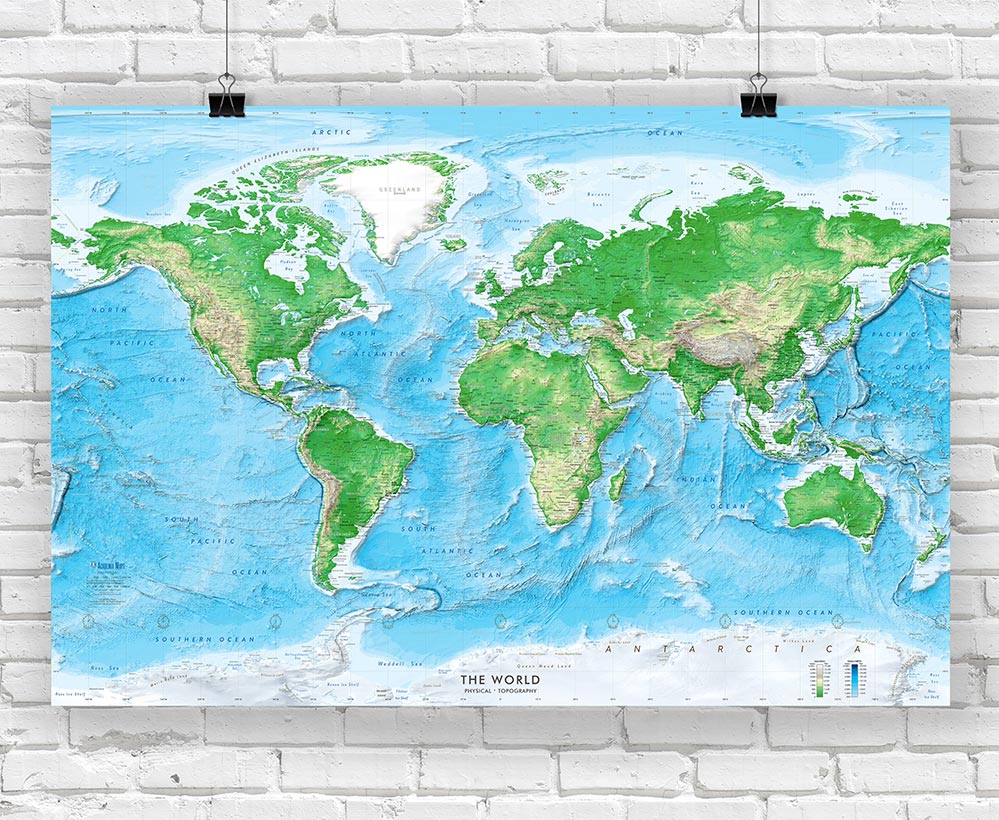 Topographic World Wall Map - Miller Projection