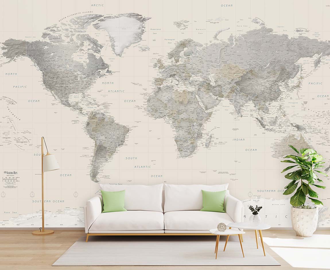 Neutral Tones World Political Wall Map