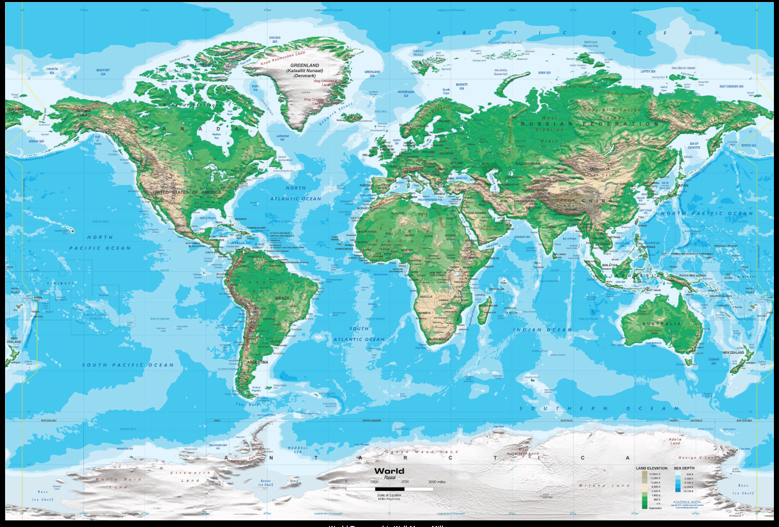 Topographic World Wall Map - Miller Projection